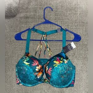 Nwt Brand New Size 40DD/E Cacique Bra With Bright Blue With Neon Floral And Lace